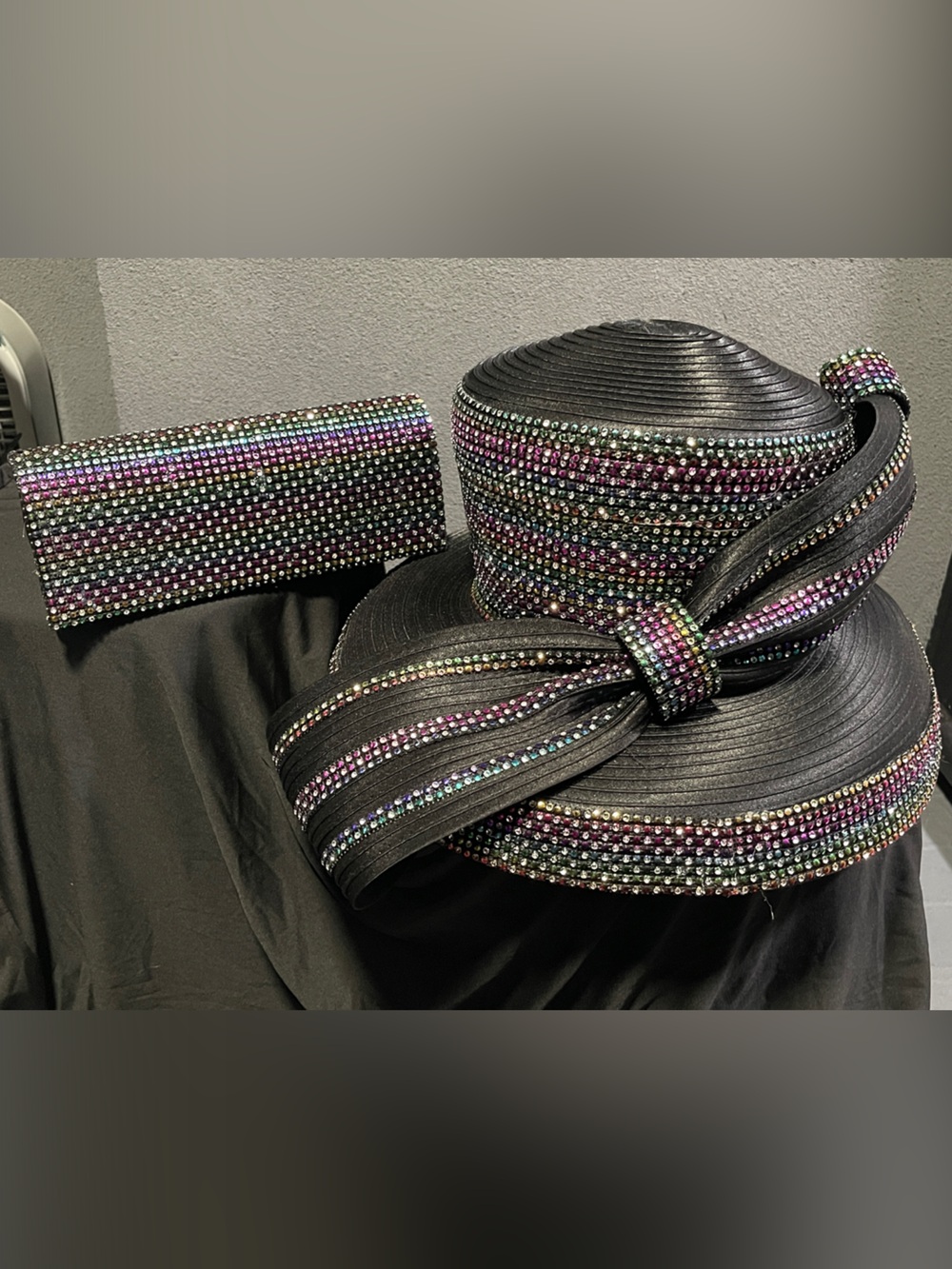 Women's Black  Church Dress Hat w|Multi-Color Rhinestones + Matching Clutch